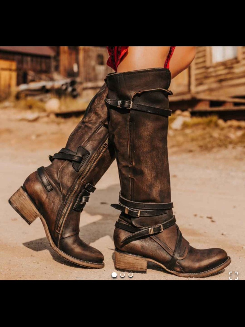 Distressed Brown Leather Knee-High Riding Boots with Buckle Detail - Picture 2 of 10